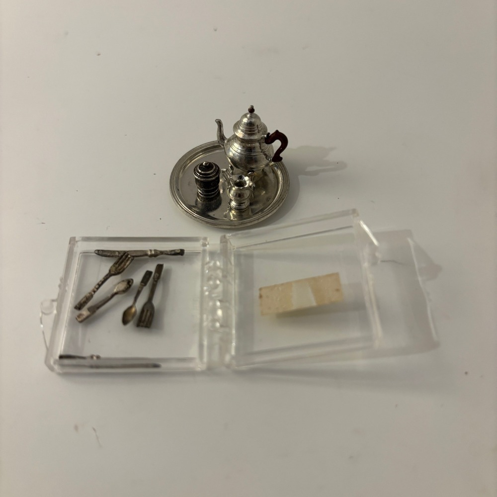 VTG Stieff Pewter Dollhouse Williamsburg Tea Set & Chrysnbon Flatware 1:12